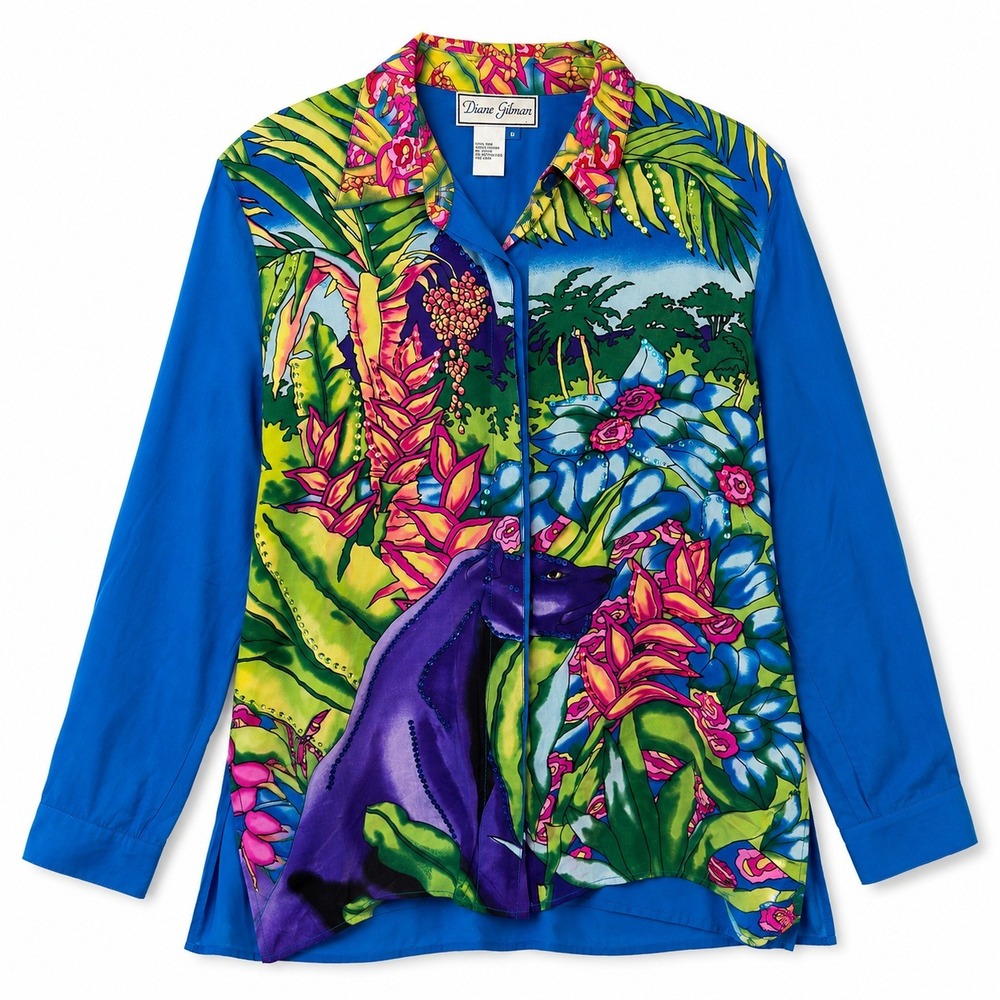 Diane Gilman Vtg Silk Tropical Purple Panther Sequin Maximalist‎ Zoo Safari M